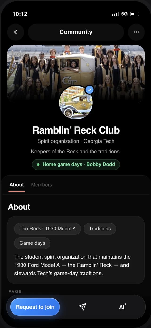 A student club profile in the VENTII app with a request to join button