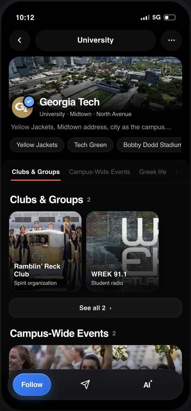 A campus profile in the VENTII app showing clubs, groups and campus-wide events