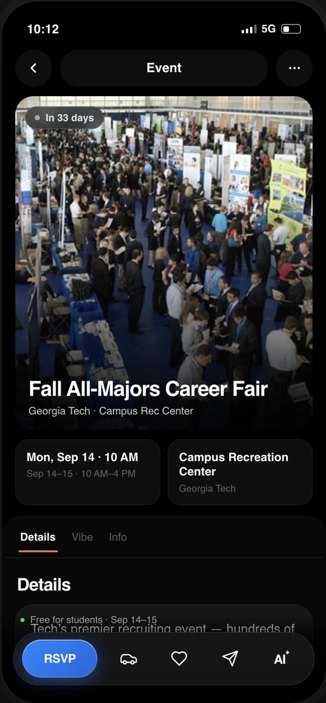 Campus-wide events listed in the VENTII app with RSVP options
