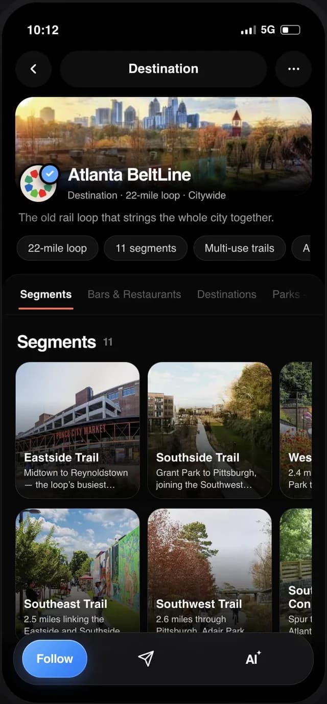 The Atlanta BeltLine destination profile in the VENTII app