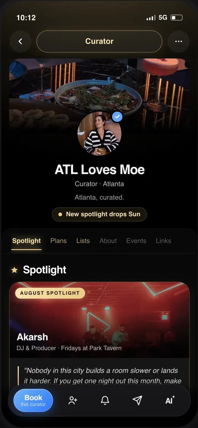 The ATL Loves Moe curator profile in the VENTII app