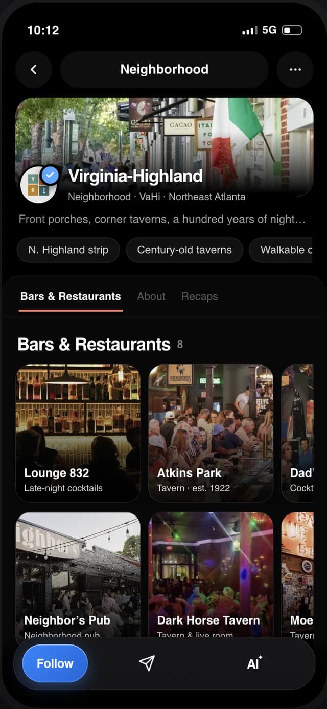 The Virginia-Highland neighborhood profile in the VENTII app